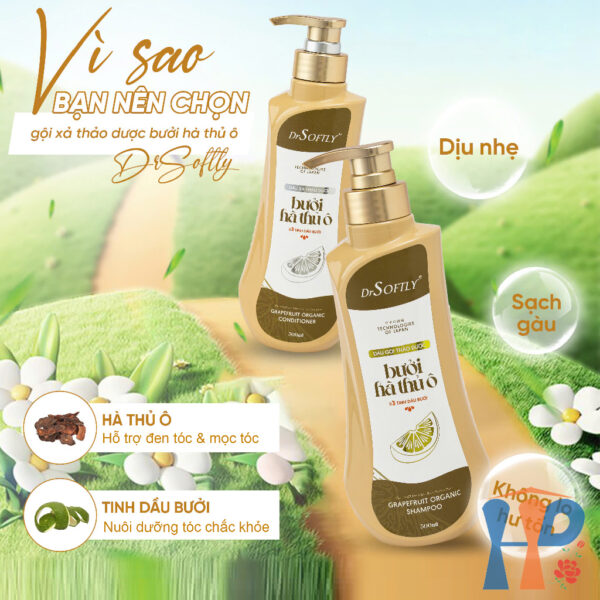 Cặp gội xả thảo dược Bưởi Hà Thủ Ô DrSoftly Grapefruit Organic Shampoo & Conditioner 500ml
